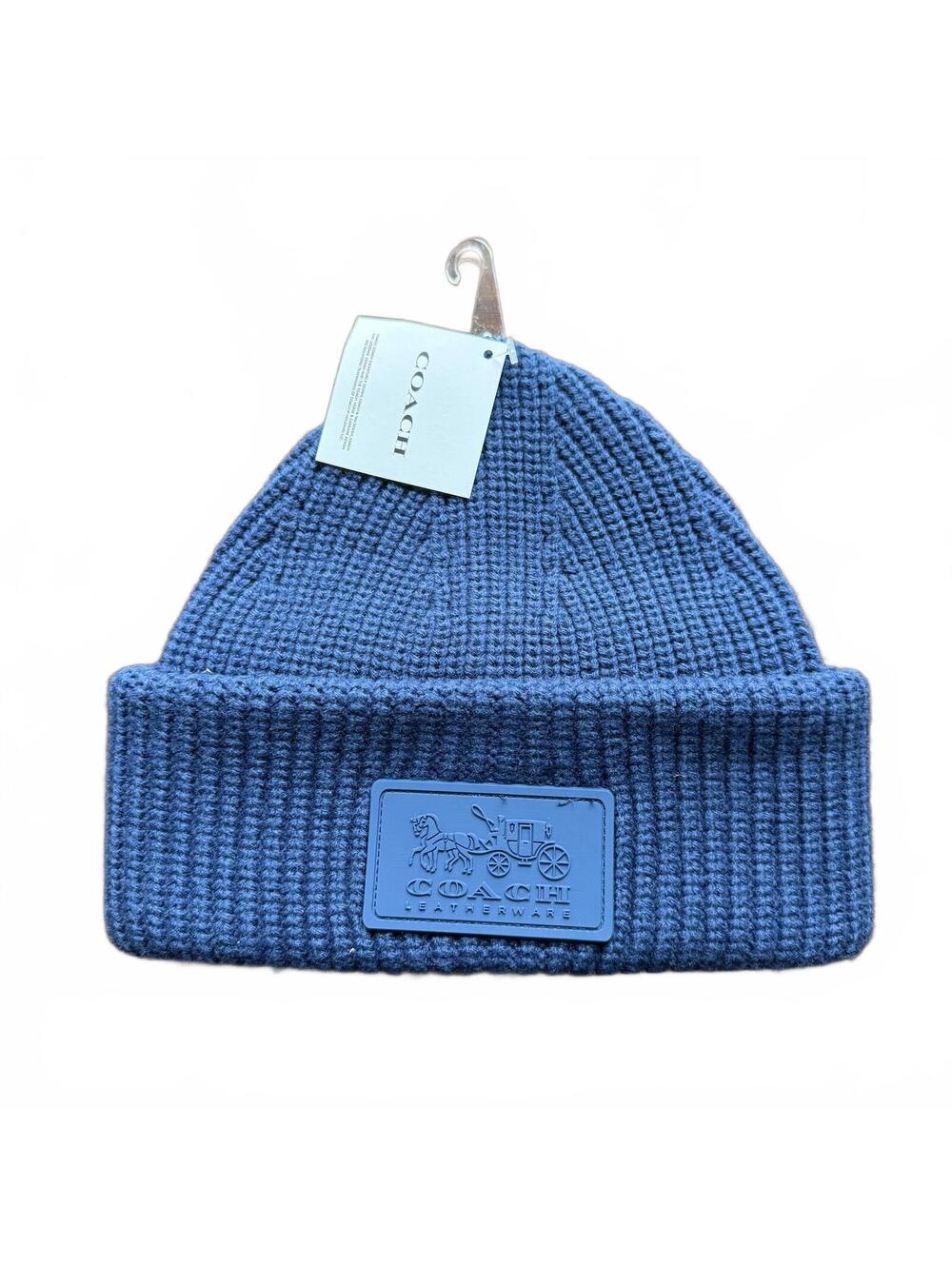 Coach Blue Knit Beanie Hat with Leatherware Patch